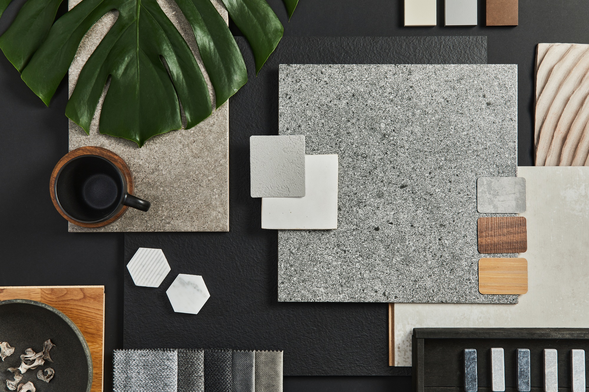 Flat lay composition of creative black architect moodboard